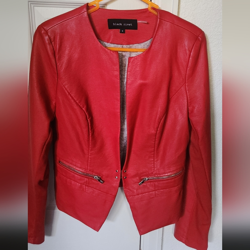 Red black rivet faux leather small jacket